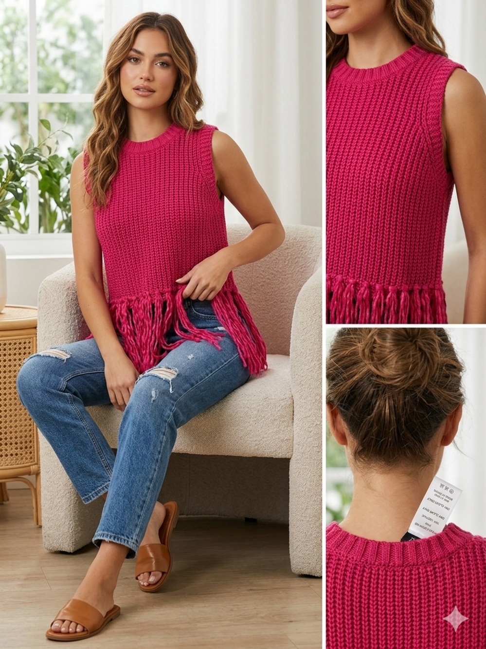 VICI Collection Womens Medium Hot Pink Fringe Hem Sleeveless Sweater Top Knit Ve